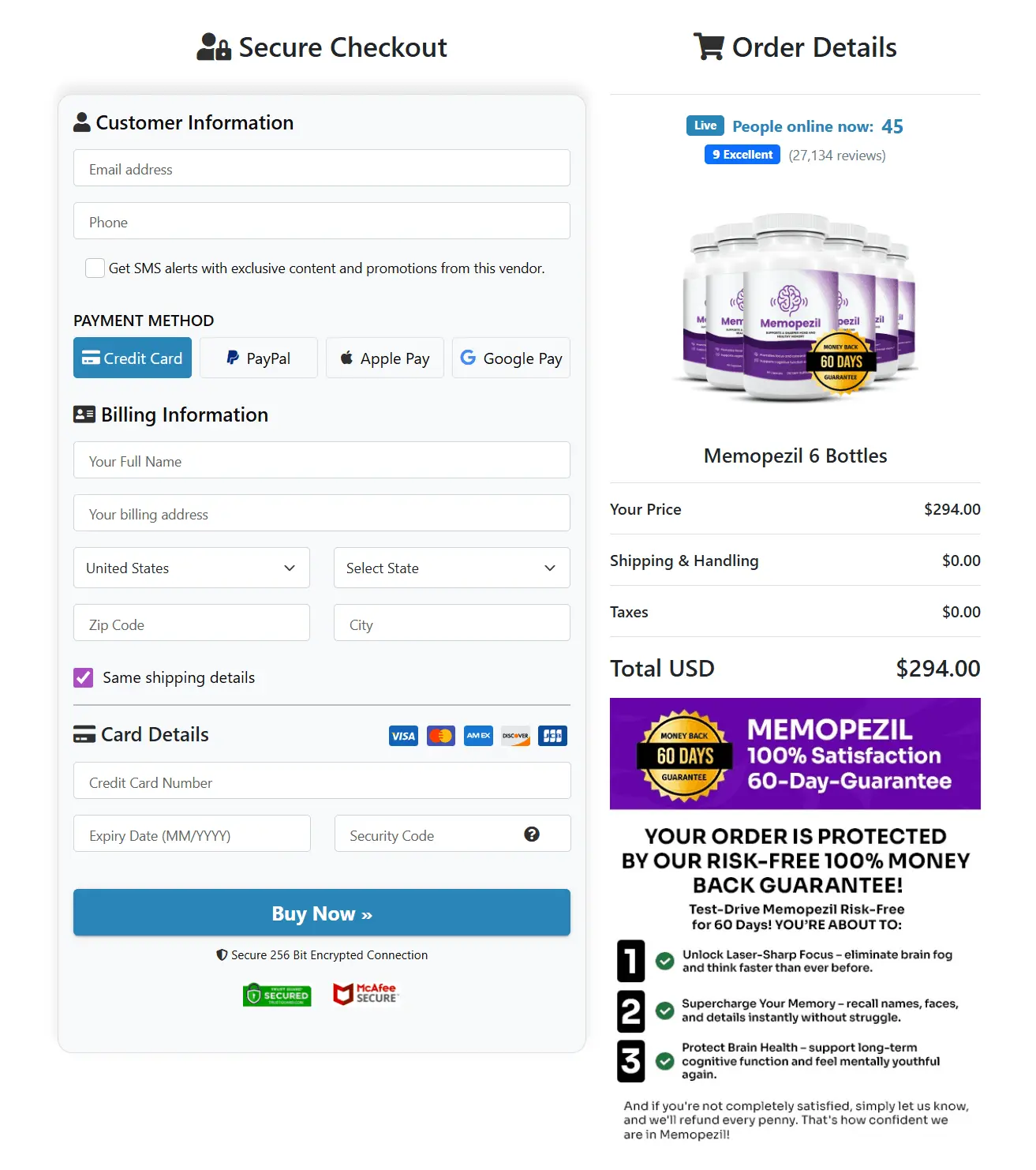 Memopezil checkout page